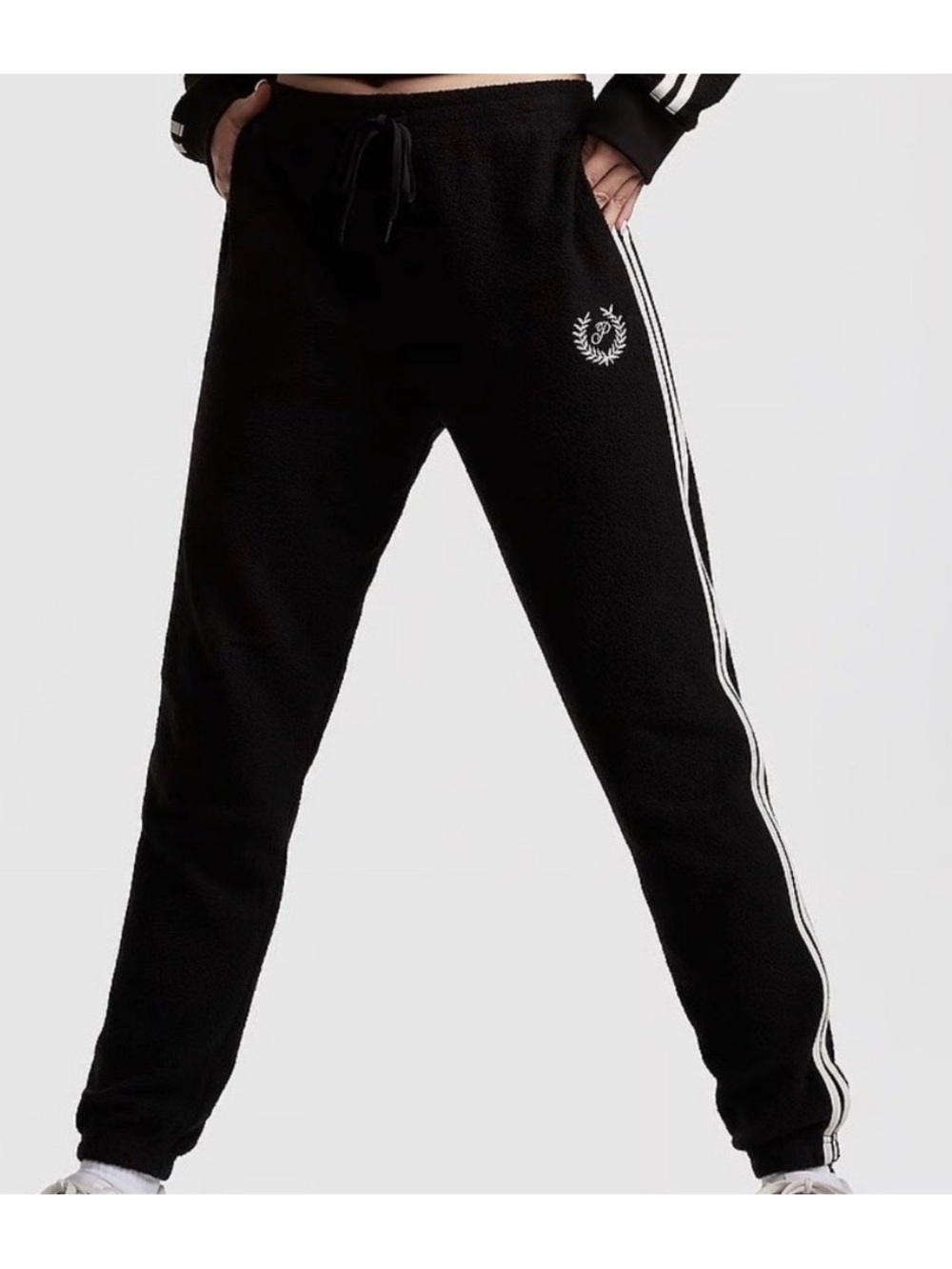 PINK Victoria's Secret Black Sherpa Joggers with White Side Stripes